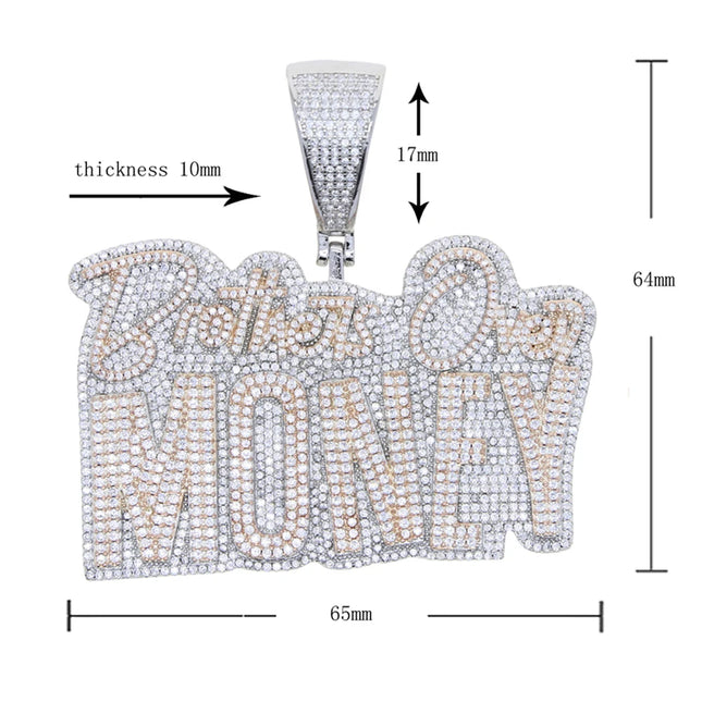 New Hip Hop Brothers Over Money Pendant Necklace Gold Color Iced Out Bling CZ Cubic Zirconia Letters Charm Men Women Jewelry