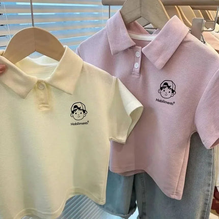 Unisex Children's Summer Polo Shirt Short Sleeve Loose Fit Collared T-Shirt Cartoon Print Versatile Kids' Fashion Basic Tee