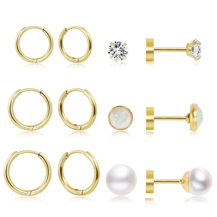 6 Pairs Earrings Sets for Multiple Piercing Small Huggie Hoop Earrings Flat Back Tiny Ball CZ Opal Pearl Stud Earrings for Women