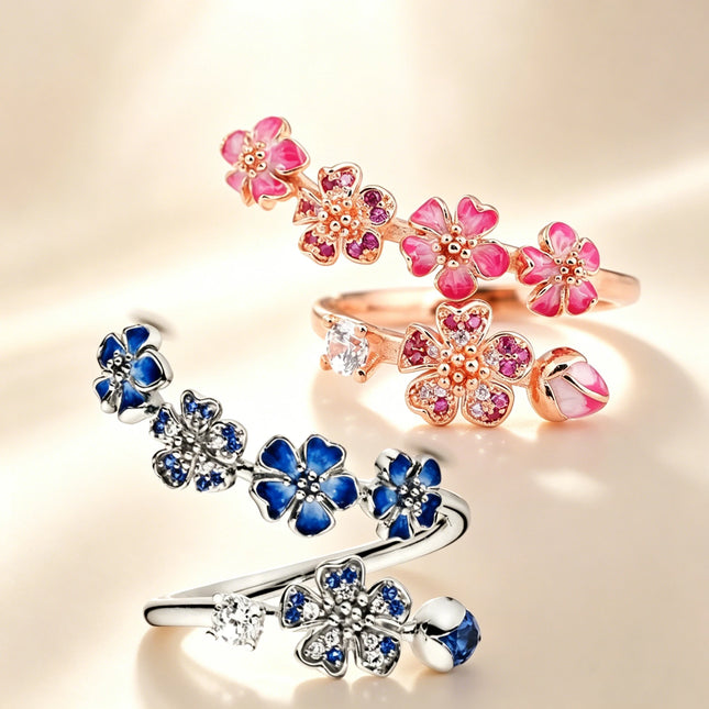FTCY S925 Silver Rose Enamel Peach Blossom Crystal Ring For Women Simple Fine Ring Wedding Party Wholesale Jewelry