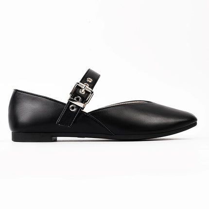 Mary Jane Shoes Female Genuine Leather  V-Cut Snap Ballet Shoes Women Square Toe Flat Cowhide Ladies Shoes