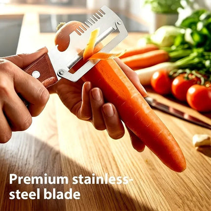Two-piece heavy-duty stainless steel peeler and slicer，Equipped with a bottle opener and straight blade design。Suitable for suga