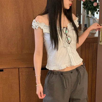 Korean Sle ort Striped Vest Women Summer Outerwear Subtle Design Single Button Lobone Trendy Age-Defng Top