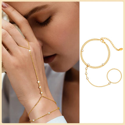 Stainless Steel Hand Chain Ring Bracelet for Women, Adjustable Gold Plated Double Layer Finger Bracelets Summer Party Jewelry