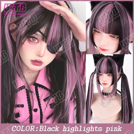 WTB Pink Highlighted Synthetic Lolita Wig for Women Long Straight with Bangs Suitable for Everyday Wear Holidays and Cosplay