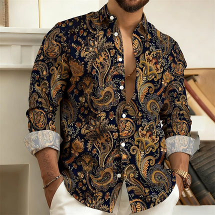 2026 New Men's Long-Sleeved Shirt with Paisley Cashew Pattern Print, Vintage, Comfortable, and Stylish Casual Men's Lapel Top