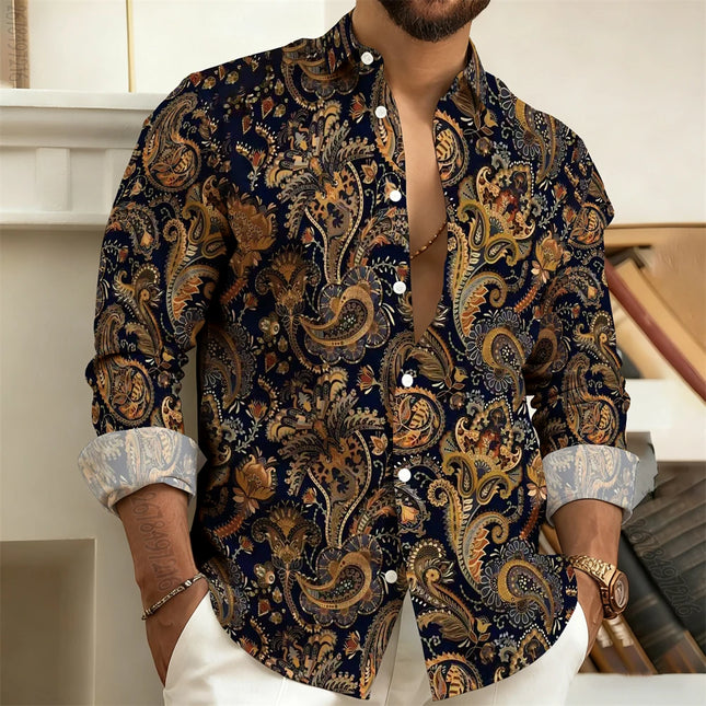 2026 New Men's Long-Sleeved Shirt with Paisley Cashew Pattern Print, Vintage, Comfortable, and Stylish Casual Men's Lapel Top