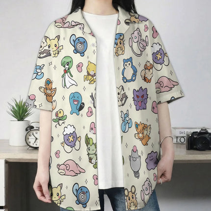 Pastel Yellow Kawaii Pokemon Character Hawaiian Shirt Summer Leisure Dry Quickly Men's T-Shirt Children's Clothing Tee Y2K Woman