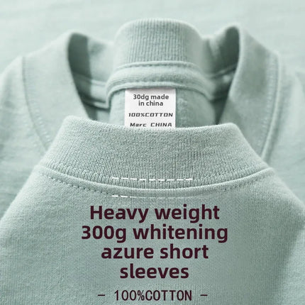 Summer Light Blue 300g Heavy Cotton Short-sleeved T-shirt Loose Men's and Women's Casual Half-sleeves Tee