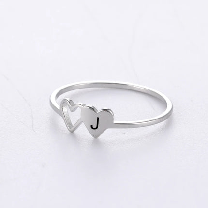COOLTIME Initial Letter Ring for Women Stainless Steel A-Z Alphabet Double Heart Rings Fashion Wedding Anniversary Birthday Gift