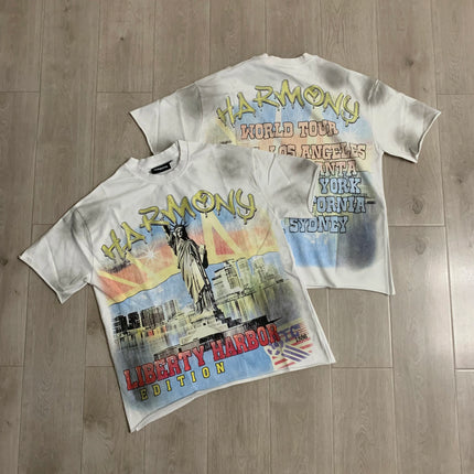 Graffiti Streerwear Washed Letter Shinning Diamond Short Sleeve Mens Tshirts Crew Neck Pure Cotton Baggy Rhinestone Top Tees