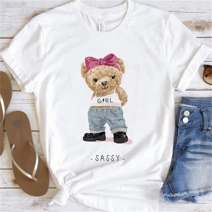 Women's Cute Bear Graphic T-shirt Short-Sleeved Clothes Women's Print T-shirt Summer 90s Fashion Style Women's Fashion T-shirt