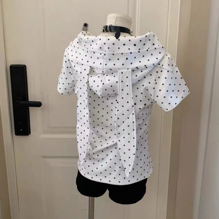 Japanese Vintage Rabbit Ears Hoodie Long Sleeve Polka Dot Print Y2k Retro Slim Zipper Patchwork Sweatshirt Women Sweet Cartoon