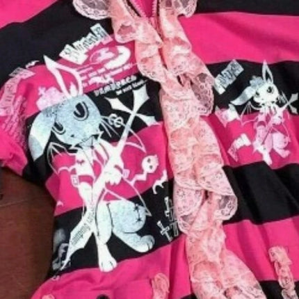 Japan Y2k Aesthetic Stripe Hoodies Women Vintage Lace Patchwork Rabbits Print Zipper Girls Sweatshirt Casual Harajuku Streetwear