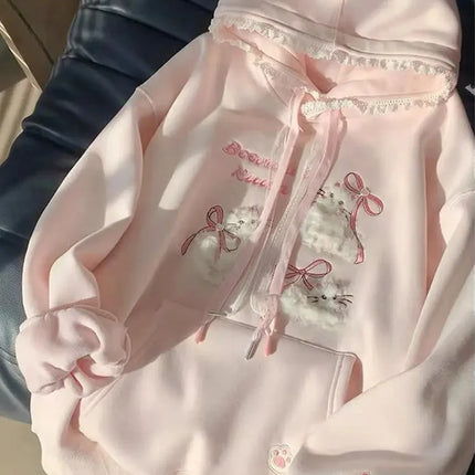 Cute Cartoon Bow Hoodies Women Loose Sweet Lace Patchwork Kawaii Sweatshirts Japan Preppy Style Spring Long Sleeve Pink Tops New