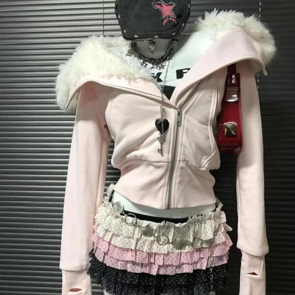 Vintage American Furry Hoodie Women Y2K Harajuku Faux Fur Collar Jacket Slim Waist Belted Hot Girl Fashion Sweat Outerwear New