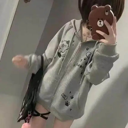Cute  Print Hoodie Women's Oversized Fleece Lined Autumn Winter Jacket Korean Style Commute Friendly Regular Fit Zipper