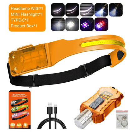 Portable XPE+COB LED Handheld Flashlight Sensor Headlamp Rechargeable Headlight Camping Search Light for Fishing 9Lighting Modes