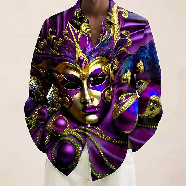 Mardi Gras Men's Mask Carnival Beads Shirt Button Up Shirt Long Sleeve Fashion Casual Party Holiday 3D Print Collared Shirts
