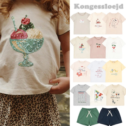 2026 New Summer KS Boys Girls Printed Round Neck T-shirt Kids Solid Color Shorts Girls' Casual Half Skirt Set