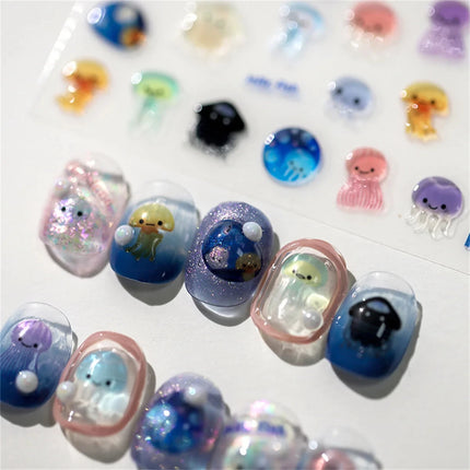 1pcs 5D Kawaii Jelly Series Nail Art Stickers Blue Jellyfish Adhesive Nail Art Decorations Stickers Hot Stamping Manicure Decals