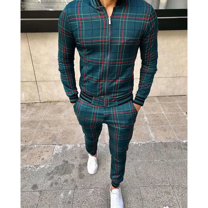 2025 Men Tracksuit 2pc Set Gym Hiking Plaid Zipper Hoodie Cargo Pants Autumn Athleisure Outfit Fleece Jogger Sportswear