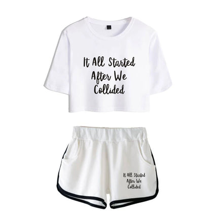 Youthful Black White After We Collided Girl Dew navel Two Piece Set Sexy Short Sleeve Crop T-shirts+Shorts Pants Tracksuit