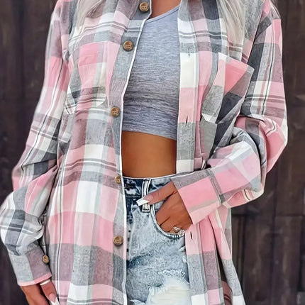 Women Plus Size Fashion Plaid Printed Shirt Casual Loose Long Sleeved Shirt  Lapel Design Shirt Tops