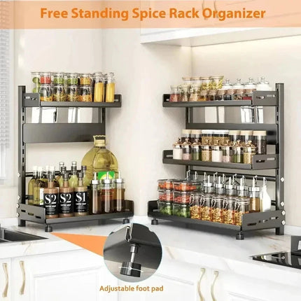 3 Tier Adjustable Metal Spice Rack Space Saving Countertop Organizer For Kitchen Seasoning Jars Condiment Bottle Storage