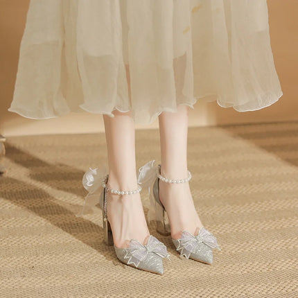 Spring Pointed Toe Party Wedding Shoes for Women, Bride Bow Thick Heel Silver Sequin Fairy Lolita Style Single Shoes