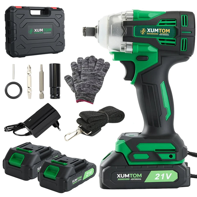 450NM Electric Impact Wrench Brushless Cordless Screwdriver with Case, 21V, 2 Batteries, Dual Voltage