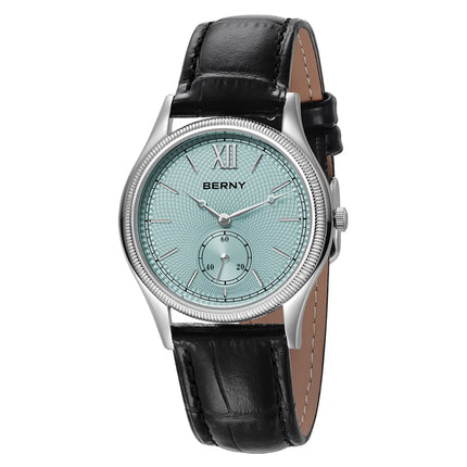 BERNY Watches for Men Luxury Slim Classic Stylish Dress Quartz Watch Stainless Steel Case Elegance Leather Band Wristwatch