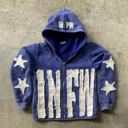 star pattern patchwork sweater letters long-sleeved pullover hoodie loose and fashionable trendy original street style vintage