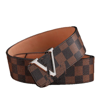 Luxury Plaid Leather Belt Men - Classic Business Smooth Buckle Waist Belt / Luxury Plaid Leather Belt Men - Business