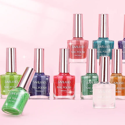 SAVILAND 12 Color Glitter Nail Polish Set Air Quick Dry Non Gel with Base Top Coat Holographic Shimmer Lacquer for Manicure
