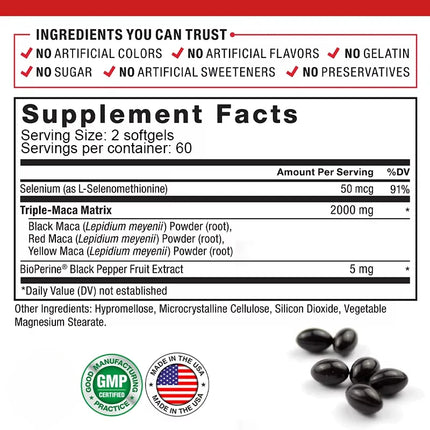 Maca Root Capsules for Men and Women To Maximize Vitality and Performance Made with Black Maca, Red Maca and Yellow Maca Powders