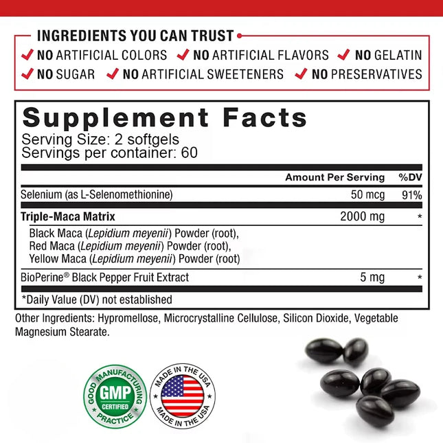 Maca Root Capsules for Men and Women To Maximize Vitality and Performance Made with Black Maca, Red Maca and Yellow Maca Powders