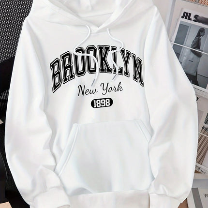 Brooklyn New York 1898 Hoodie Sweatshirt - Casual Polyester Hooded Pullover with Drawstring Alphabet Pattern