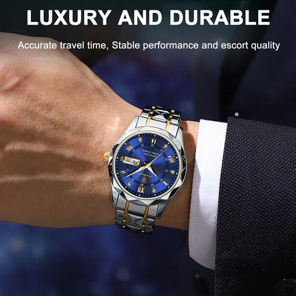 POEDAGAR Luxury Men Wristwatch Waterproof Luminous Date Week Watch For Man Stainless Steel Men's Watches Quartz Male Clock Sport