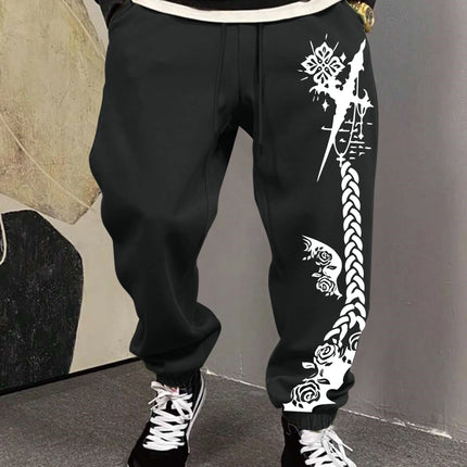 Men's Gothic Thorn Cross Rose Braid Vertical Print Sweatpants Elastic Waist Soft Fabric Dark Punk Street Hip Hop Joggers