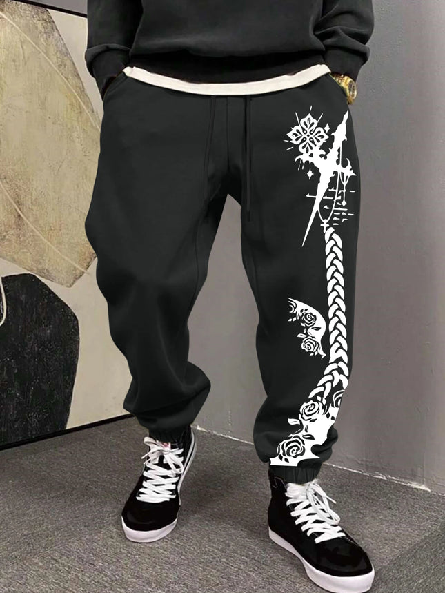 Men's Gothic Thorn Cross Rose Braid Vertical Print Sweatpants Elastic Waist Soft Fabric Dark Punk Street Hip Hop Joggers