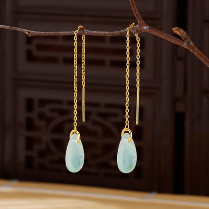PANJBJ 925 Sterling Silver Jade Drop Earring for Women Zircon Round  Classic Grace Ethnic Jewelry Anniversary Gift Dropshipping