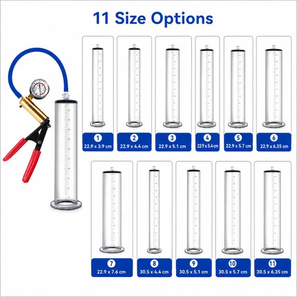 Male Vacuum Pump Sex Toy with Clear Measuring Cylinder Blue Hose Red Handle Gauge and Man Masturbation Training Device