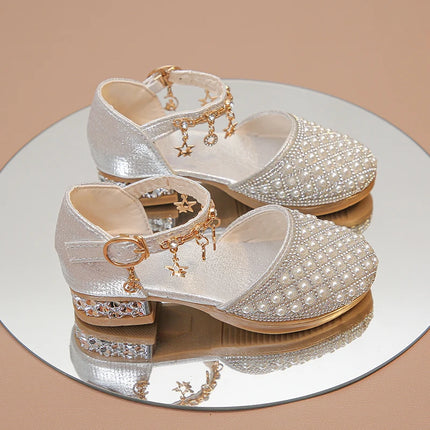 Girls High Heeled Shoes for Wedding Party Glitter Rhinestone Pendants Shiny Glitter Fashion Princess Kids Leather Dress Shoes