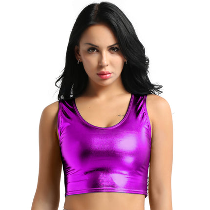 Womens Fashion Shiny Metallic Tank Crop Top Shiny Metallic Vest Tops Bustier Blouse Shirt Camis Rave Party Clubwear Costume