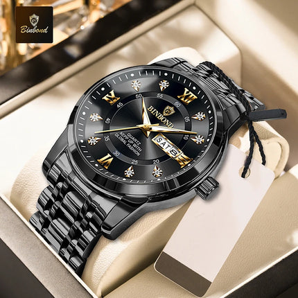 BINBOND Stainless Steel Quartz Wristwatch Top Brand Luxury Clock 3ATM Waterproof Business Men Watches Men Gifts Relojes