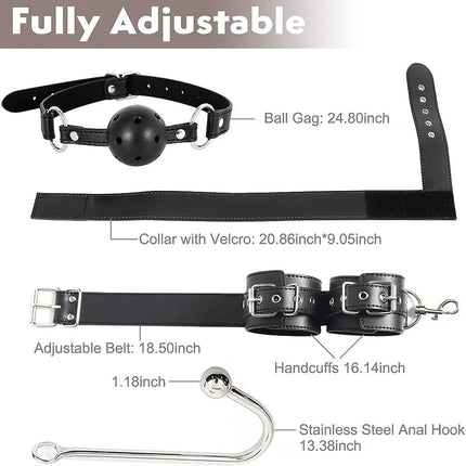 BDSM Bondage Restraint Kit for Couples, Adjustable Handcuffs, Collar, Hook and Plug Set, Adult Roleplay Accessories