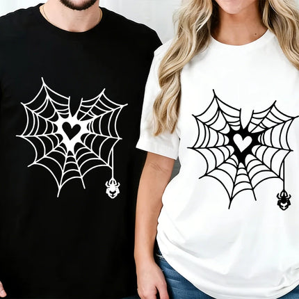 Couple Vintage Spider Heart Print T-Shirts Women Men Fun Round Neck Fashion Lover Short Sleeve Streetwear T-shirts