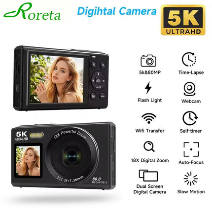 5K Dual Screen Digital Camera 80MP Retro CCD Photographic Cameras 8000W Pixel Auto Focus with 18x Zoom for Kid Adult Photography