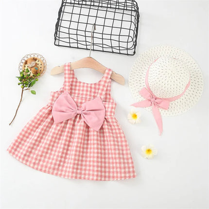 2Pcs/Set Baby Girl Plaid Sweet Bow Summer Birthday Party Dress Toddler Kids Outfits 0 To 3 Years Children Clothes Suit + Hat